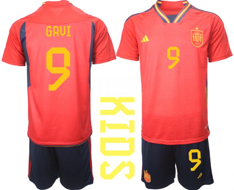 Kaufe Kinder Spanien WM 2022 Heimtrikot Teampower Rot Fußballtrikots Set GAVI 9