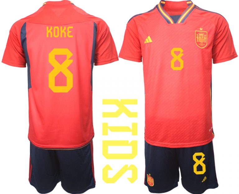 Kaufe Kinder Spanien WM 2022 Heimtrikot Teampower Rot Fußballtrikots Set KOKE 8