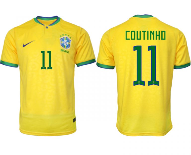 COUTINHO #11 Brasilien FIFA WM Katar 2022 Heimtrikot gelb Kurzarm Fußballtrikot Herren Sale