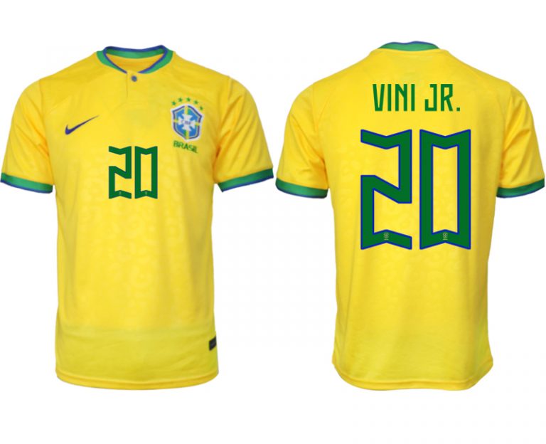 Herren Brasilien FIFA WM Katar 2022 Heimtrikot gelb Kurzarm mit Namen VINI JR. 20