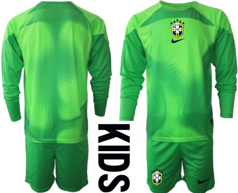 Kindertrikot Brasilien 2022/23 Torwarttrikot grün Langarm + Kurze Hosen