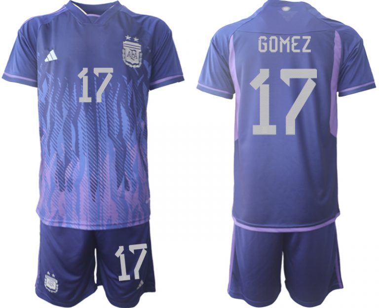GOMEZ #17 Argentinien FIFA WM Katar 2022 Auswärtstrikot Lila für Herren Kurzarm + Kurze Hosen