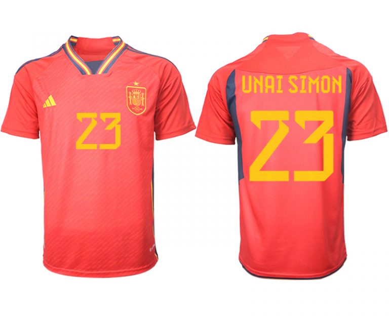 Herren Spanien FIFA WM Katar 2022 Heimtrikot Teampower Rot Kurzarm Trikotsatz UNAI SIMON 23