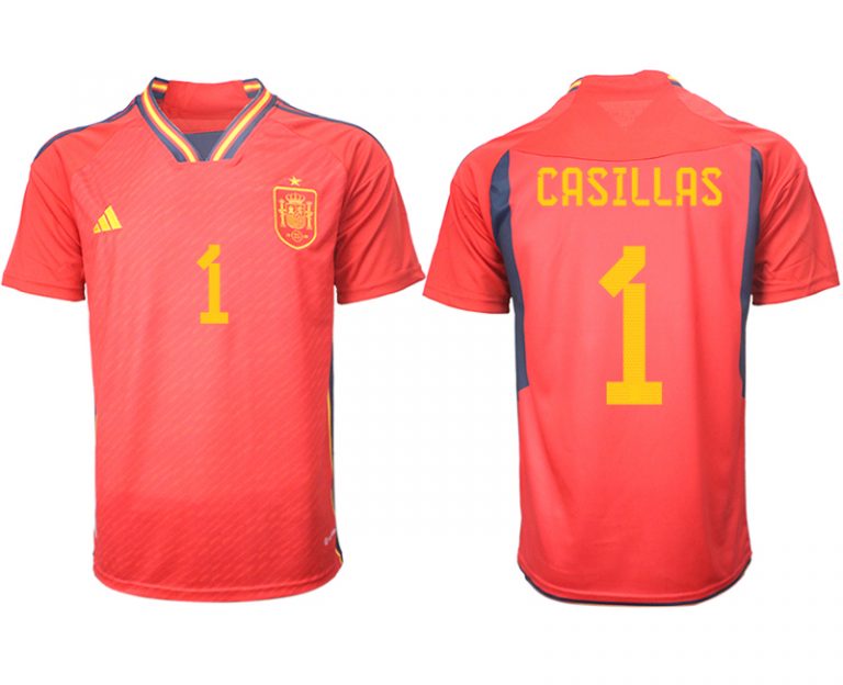 Herren Spanien FIFA WM Katar Heimtrikot Teampower Rot Kurzarm + Kurze Hosen CASILLAS 1