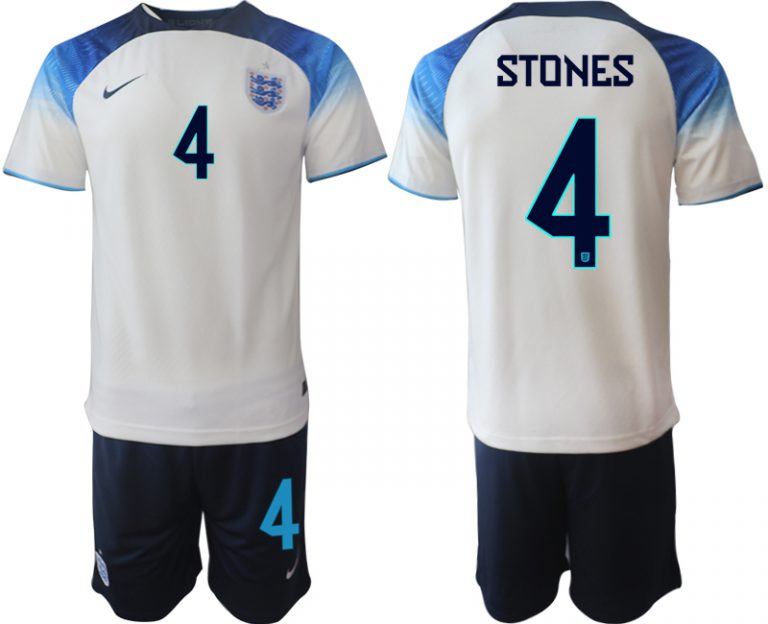 STONES #4 Herren England Fußball-WM 2022 Heimtrikot weiß blau Kurzarm + Kurze Hosen