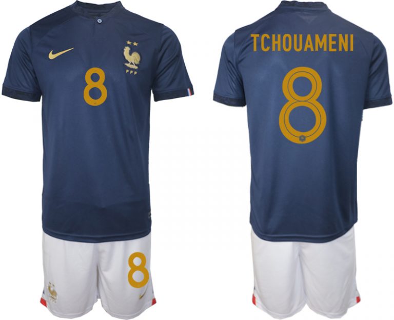 TCHOUAMENI #8 Herren Frankreich FIFA WM Katar 2022 Heimtrikot Marineblau Fußballtrikots Trikotsatz