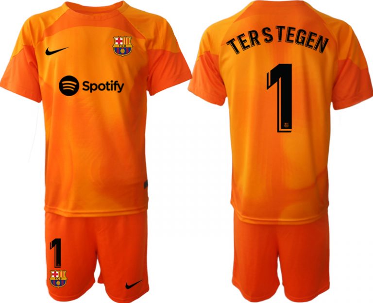 Fußballtrikots Trikotsatz FC Barcelona 2023 Torwarttrikot orange bestellen mit Aufdruck TERSTEGEN 1