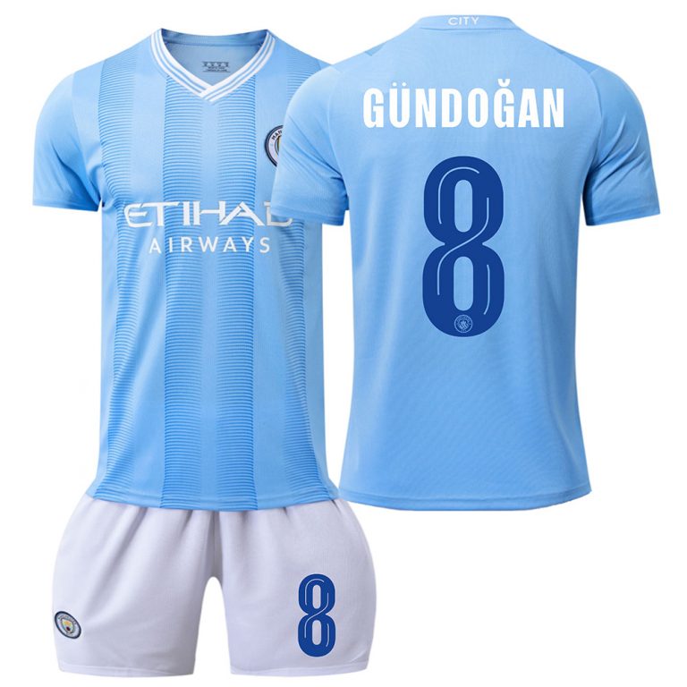 Kinderheim Trikot Manchester City 2023-24 Kurzarm + Kurze Hosen GÜNDOGAN 8